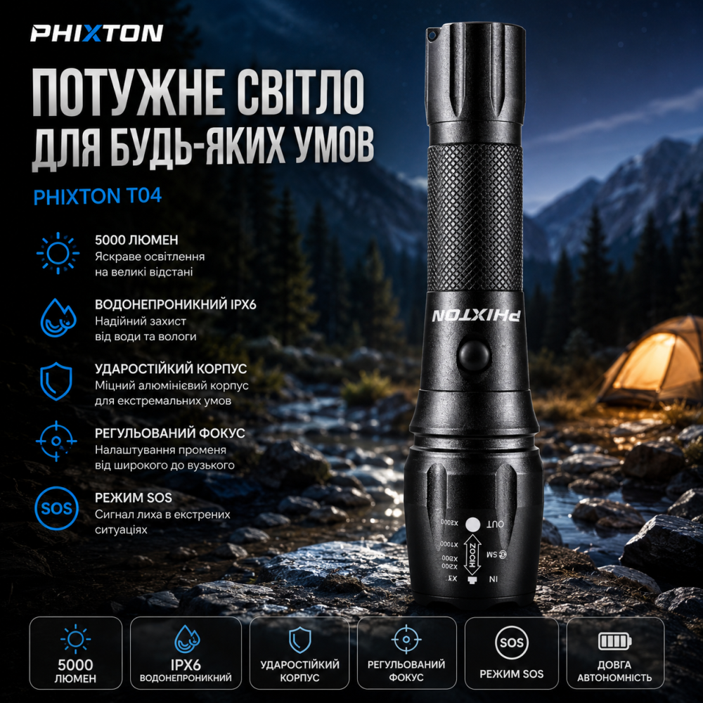 Уцінка: Потужний ліхтар Phixton T04 (5000 Lm): водонепроникний, ударостійкий, з регульованим фокусом та режимом SOS для походів Київ - фото 7