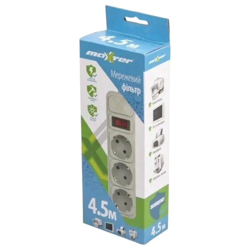 Сетевой фильтр Maxxter SPM3-G-15G 3 гнезда, 4.5 метра Днепр - изображение 1