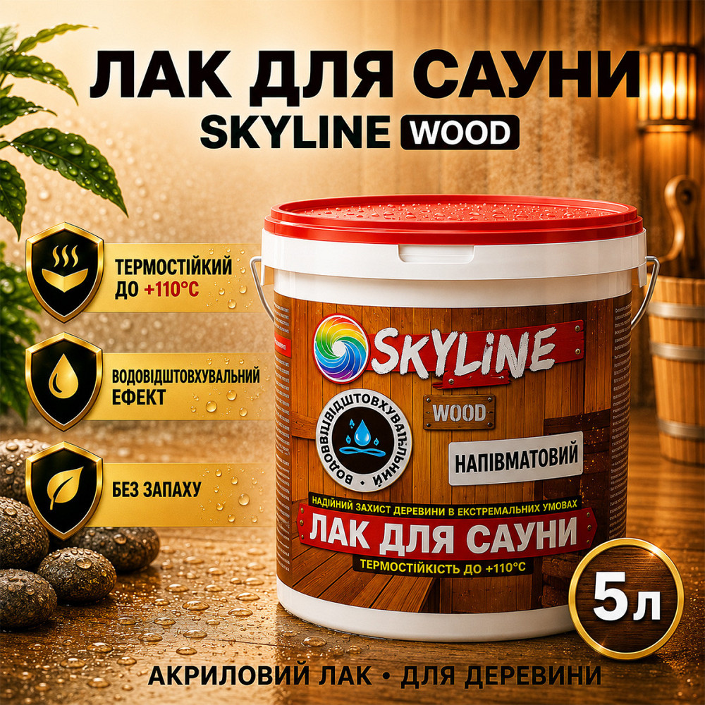 Лак для сауны SkyLine WOOD 5 л — акриловый полуматовый лак для дерева, прозрачный, без запаха, термостойкий до +110°C Харьков - изображение 1