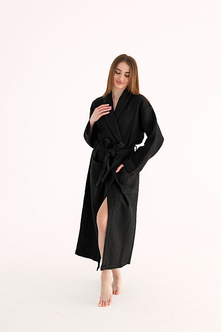 Женский вафельный халат Ideal Textile длинный черный (56861162) L Черновцы - изображение 2