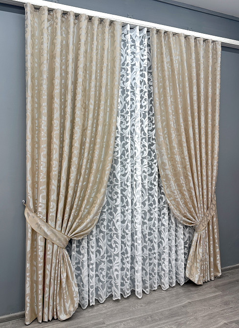 Комплект штор VR-Textil Жаккард Вензель 150х270 2шт и Тюль 600х270 416ш-1147т Бежевый с белым 71-100/5 Киев - изображение 2