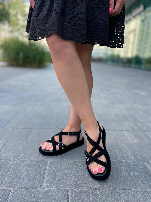 SiniorA Босоніжки замшеві жіночі чорні на низькому ходу літні / Босоніжки натуральна замша Sini Коломия - фото 7