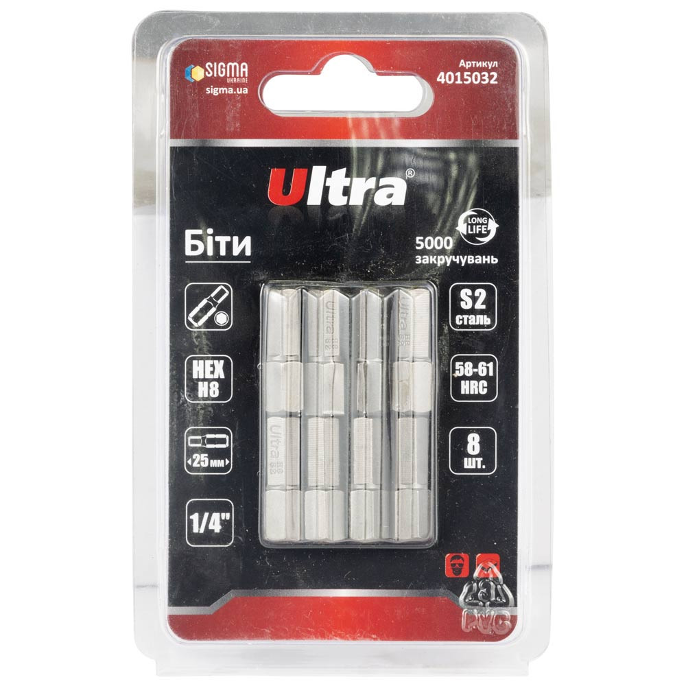 Ultra Биты HEX 8×25мм ¼" 8шт S2 (блистер) ULTRA (4015032) Коломия - фото 1