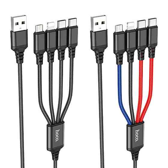 Кабель HOCO X76 USB to iP+Type-C+Type-C+Micro 2A, 1m, nylon, aluminum connectors Black+Red+Blue Киев