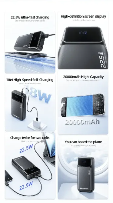 Зовнішній акумулятор Power Bank AWEI PA-92 20000 мА·год 22.5W QC3.0 PD дисплей швидка зарядка, LED індикатор QC Одеса - фото 10