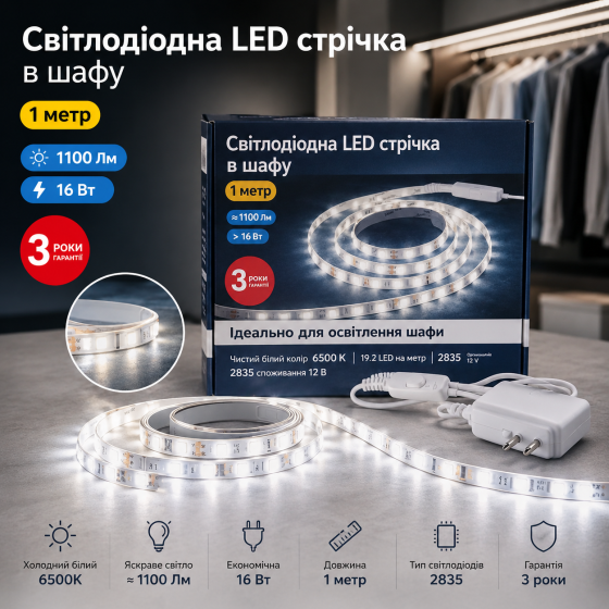 Світлодіодна стрічка Livarno Lux 1м, Холодний білий 6500K, 1100 люмен, 16 Вт Київ