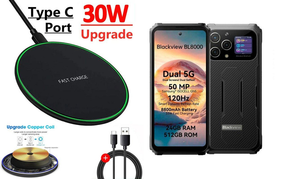 Бездротовий зарядний пристрій Copper до 30W для Blackview BV8900, BV8900 Pro, USB-C, LED Київ - фото 1