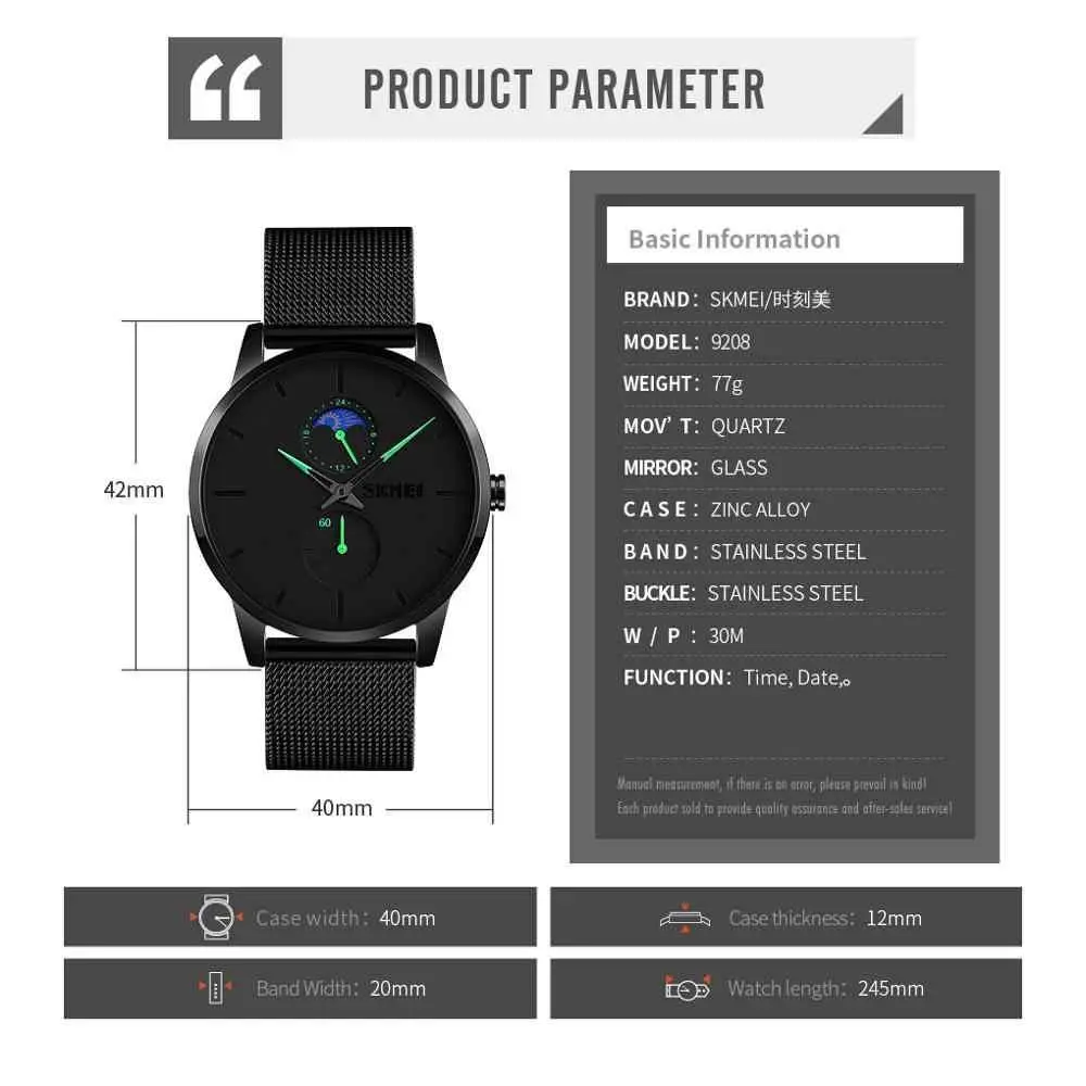 Чоловічий класичний годинник Skmei 9208 (Чорний із зеленими стрілками) Вінниця - фото 3