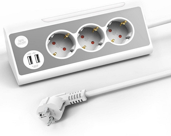 Удлинитель розетка угловая 1.5 м, 3 евророзетки, 2 USB, LED-ночник нержавеющая панель защита от пере Киев - изображение 1