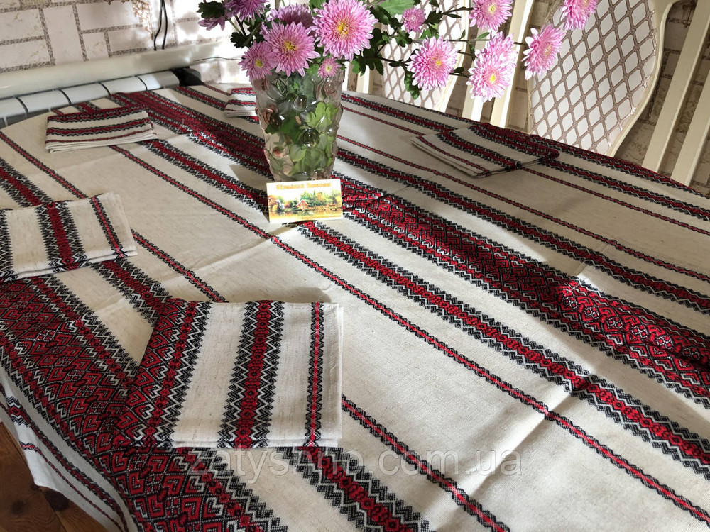 Червона вишита скатертина на льону з серветками. Київ - фото 7