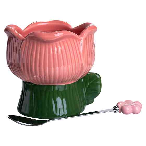 Креманка фарфорова з ложкою "Квітка" 300 мл, зелена з рожевим Київ