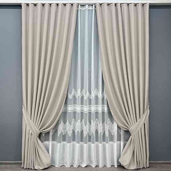 Комплект штор VR-Textil рогожка преміум TERRA LUXE 150х270 2шт і Тюль 600х270 1859ш-1706т Попелястий з молочним 71-186/5 Київ