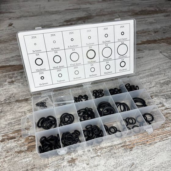 Набір ущільнювальних кілець 225шт для автокондиціонерів і ремонту О-ринги 3-22мм у пластиковому органайзері Київ