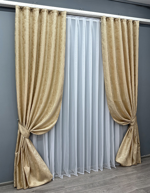 Комплект готовых штор VR-Textil Жаккард Мрамор Al1 № 439ш Золотистый 150х270 см 2 шт (33-1037) Киев - изображение 3