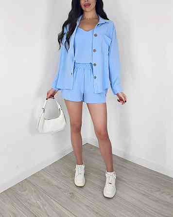 Жіночий легкий костюм-трійка: сорочка, майка та шорти креп жатка Блакитний, 44/46 Одеса