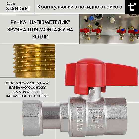 Кран кульовий 1/2" ВВ прямий, PN40, з накидною гайкою Standart TAS260W15 Thermo Alliance Київ