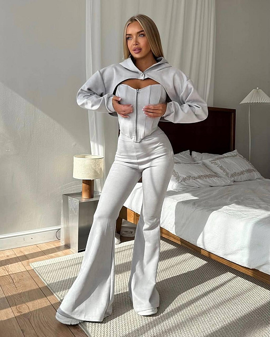 Женский стильный костюм тройка: кофта, корсет и лосины замш на дайвинге Серый, 42/44 Одесса - изображение 3