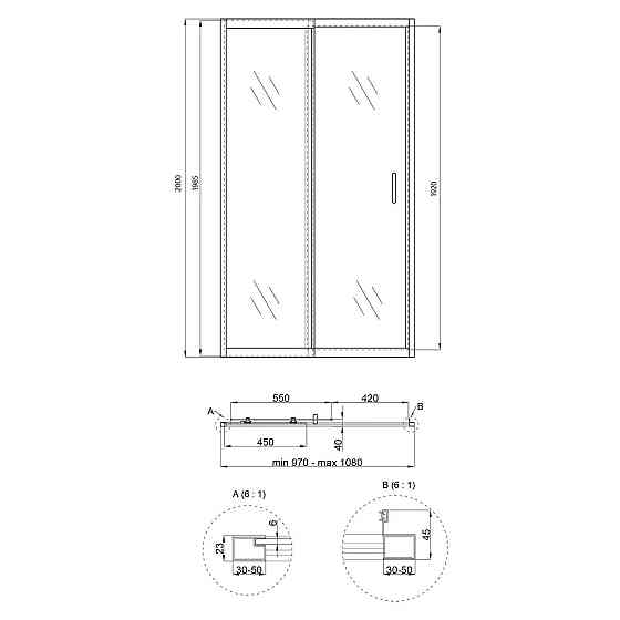 Душові двері в нішу Qtap Taurus CRM201-11.C6 97-108x200 см, скло Clear 6 мм, покриття CalcLess Київ