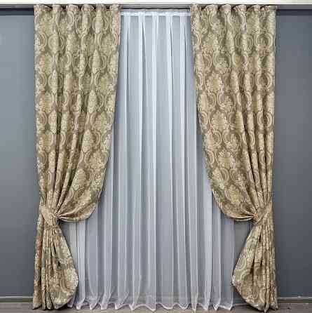 Комплект готовых штор VR-Textil Лен Корона Мария № 1271ш Капучино с бежевым 100х270 см 2 шт (31-542) Киев