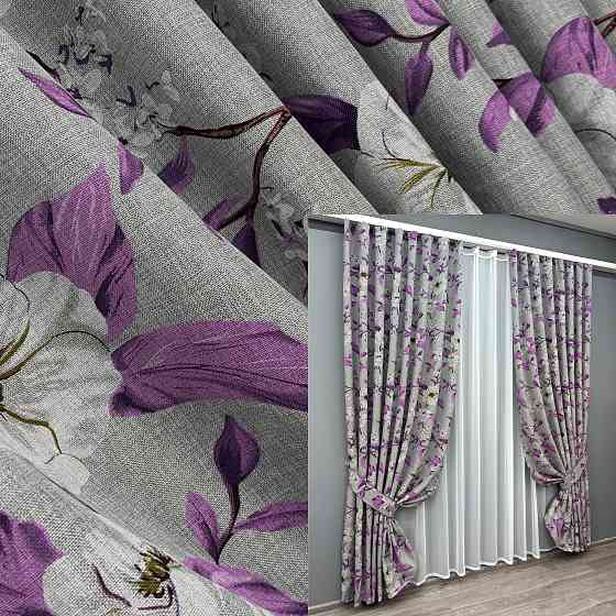 Комплект готових штор VR-Textil Льон з квітковим принтом "Прованс" № 1820 Сірий з фіолетовим 200х265 см 2 шт (32-141) Київ
