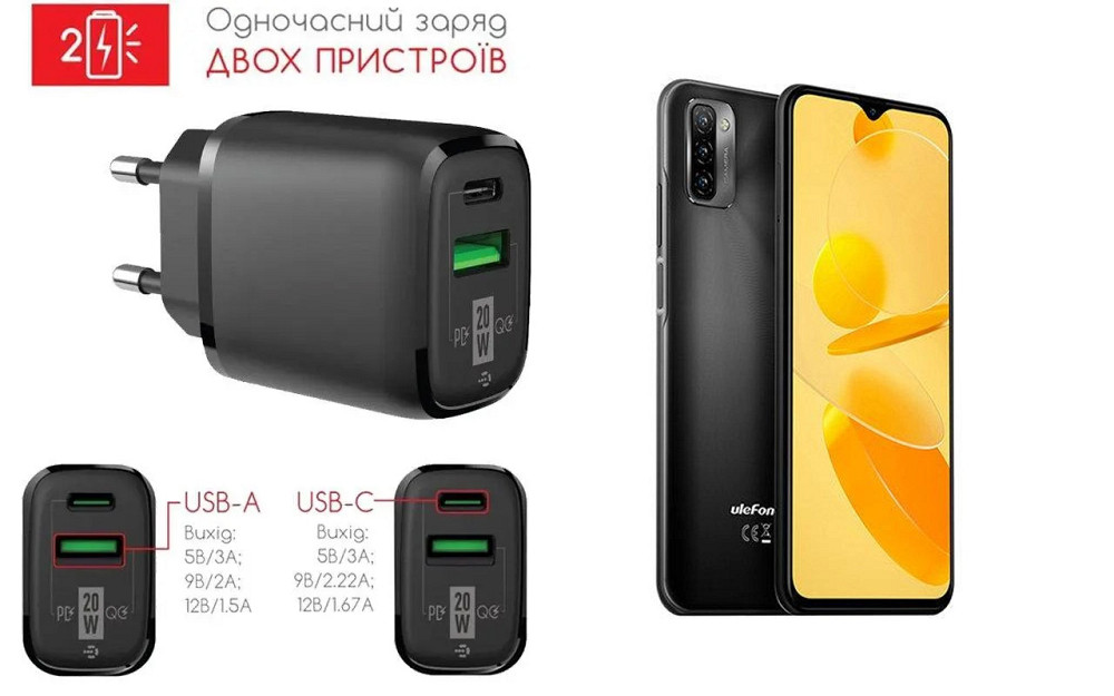 Сетевое зарядное устройство для Ulefone Note 12, NOTE 12P, 20W 3A, Quick Charge 3.0 Киев - изображение 1
