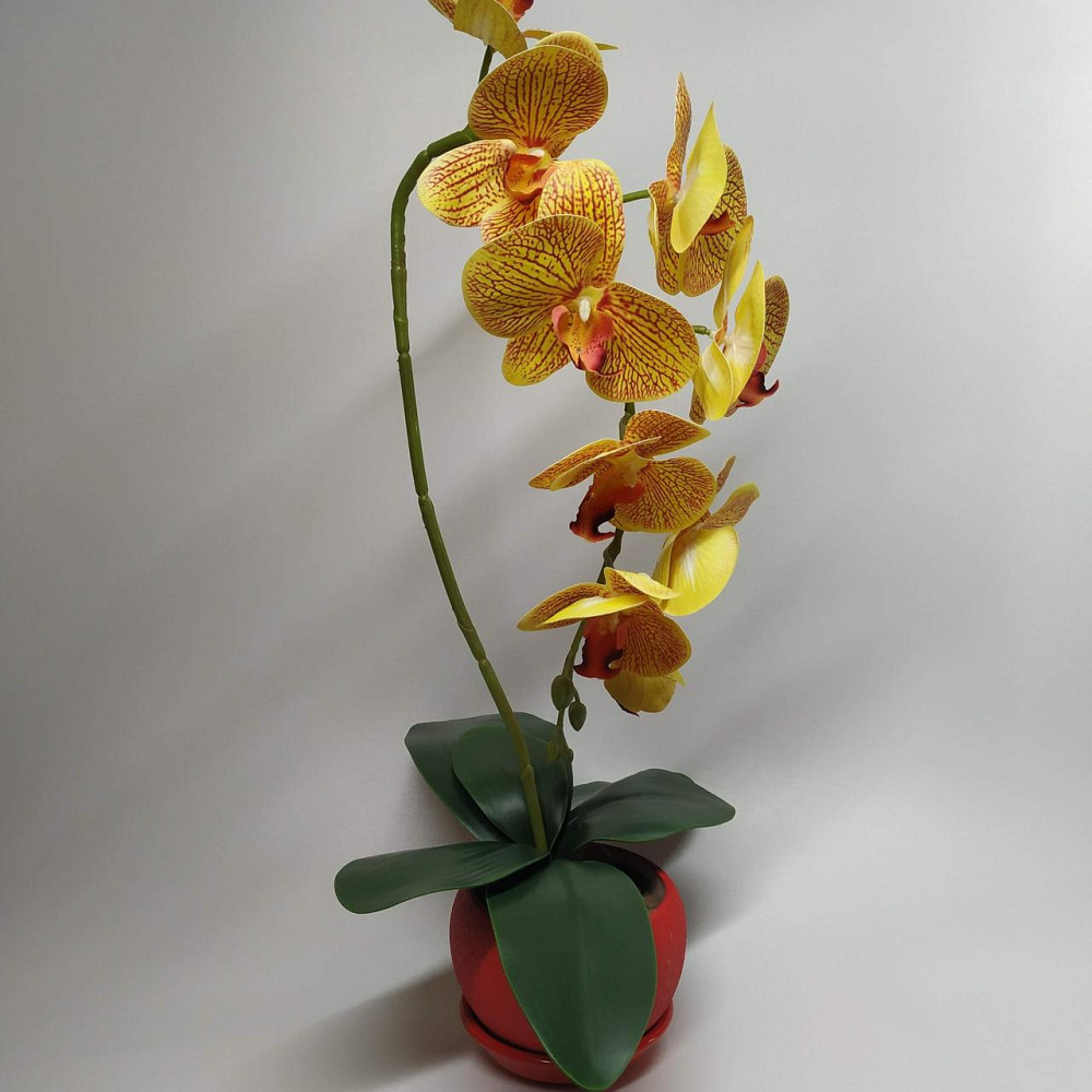 Штучна латексна орхідея VIP у червоному керамічному кашпо на одну гілку жовто-червона Дніпро - фото 4