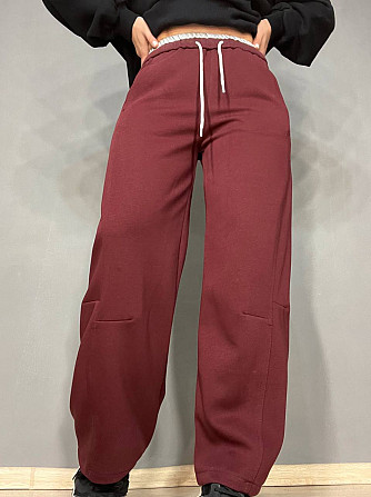 Штаны женские A-N 25061 спортивные широкие Baggy с карманами и шнурком трикотажные бордовые, бордовы Одесса - изображение 6