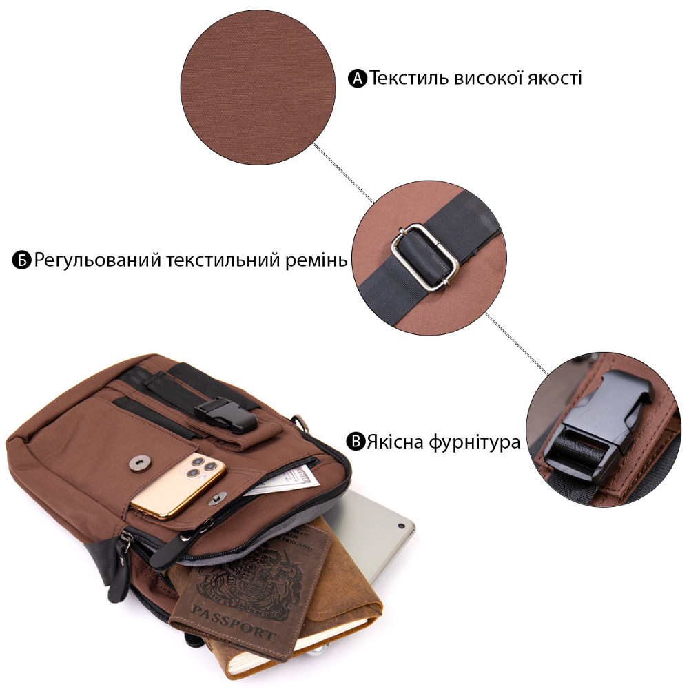 Універсальна текстильна чоловіча сумка на два відділення Коричнева (Vintage) Київ - фото 8