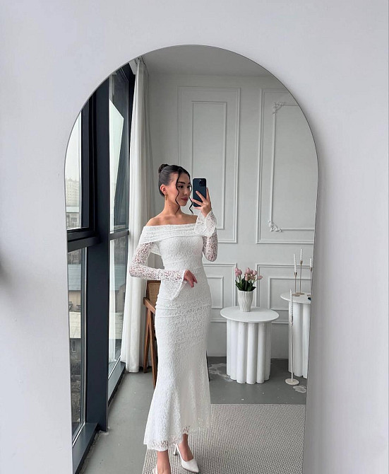 Жіноче романтичне мереживне плаття зі спущеними плечима гіпюр + підкладка Молочна, 46/48 Одеса - фото 1