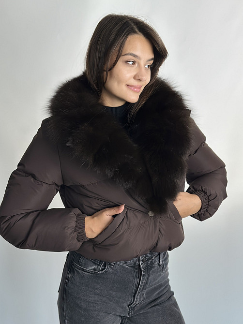 Короткий пуховик женский с мехом Бежевый Светлый Соболь XS-XL, Пуффер, Коричневый Харьков - изображение 1