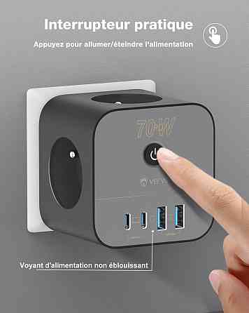 Мережевий адаптер живлення з 3-ма розетками, 2*USB QC, 2*Type-C PD VEFVE S470A 7в1 70Вт Луцк