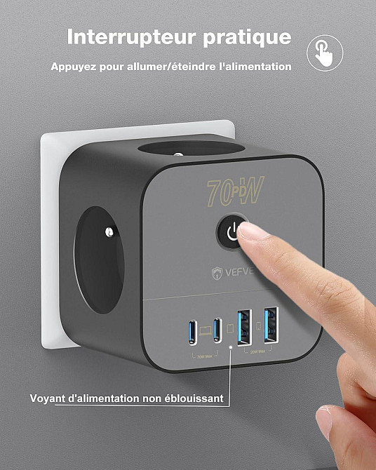 Мережевий адаптер живлення з 3-ма розетками, 2*USB QC, 2*Type-C PD VEFVE S470A 7в1 70Вт Луцьк - фото 4