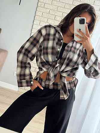 Жіночий прогулянковий костюм-трійка: сорочка в клітинку топ і штани фланель + двонитка Шоколад, 46/48 Одеса
