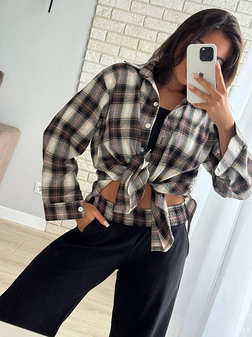 Жіночий прогулянковий костюм-трійка: сорочка в клітинку топ і штани фланель + двонитка Шоколад, 46/48 Одеса - фото 3