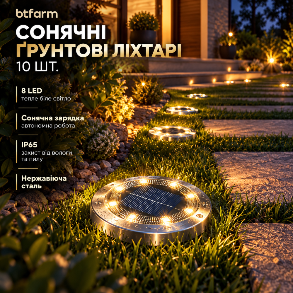 УЦЕНКА Солнечные грунтовые фонари btfarm, 10 шт., 8 LED, IP65, теплый белый свет, нержавеющая сталь Киев - изображение 1