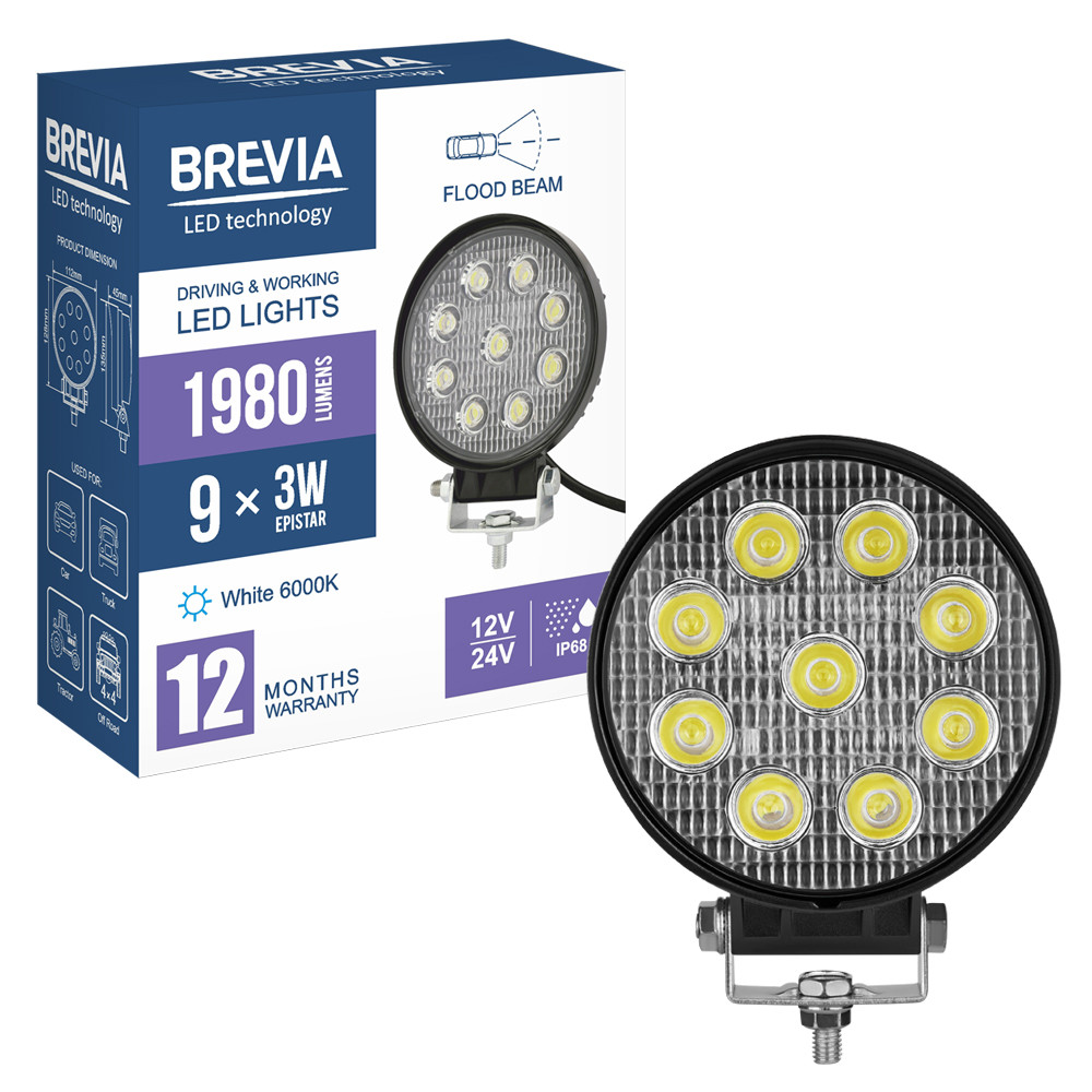 Фара светодиодная Brevia Epistar Flood 10-30V, 27W (9x3W), 1980Lm, 1шт (10641RFX1) Львов - изображение 8