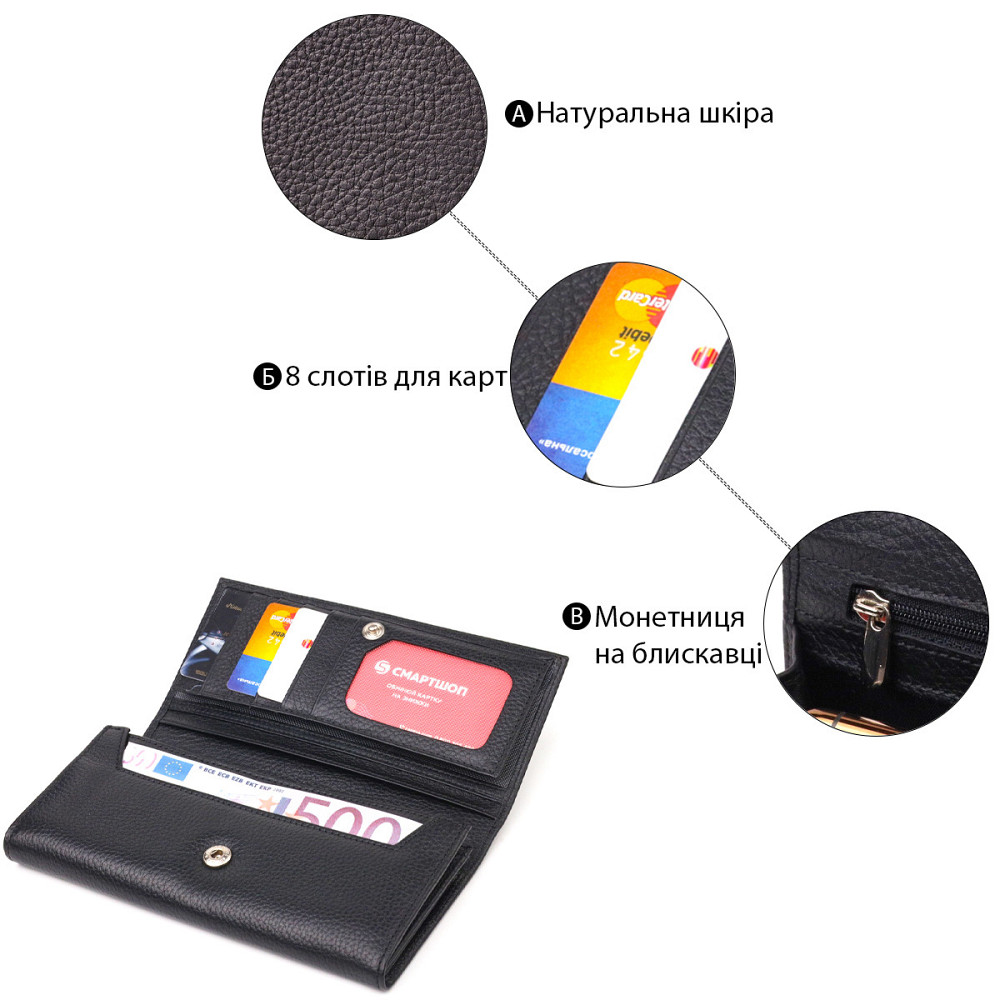 Класичне жіноче портмоне з монетницею з натуральної шкіри CANPELLINI 21529 Чорне Київ - фото 7