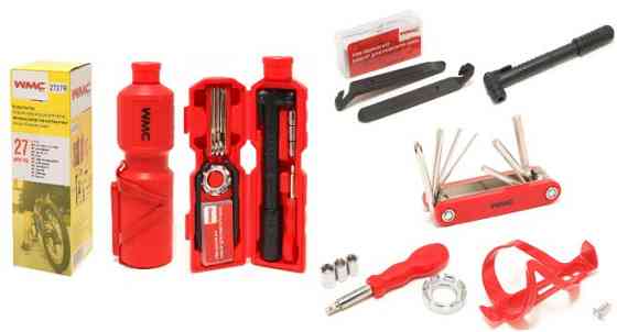 Набір інструментів для обслуговування велосипеда 27пр. + Тримач фляги, в тубі (червоний) WMC TOOLS WT-2727R Одеса