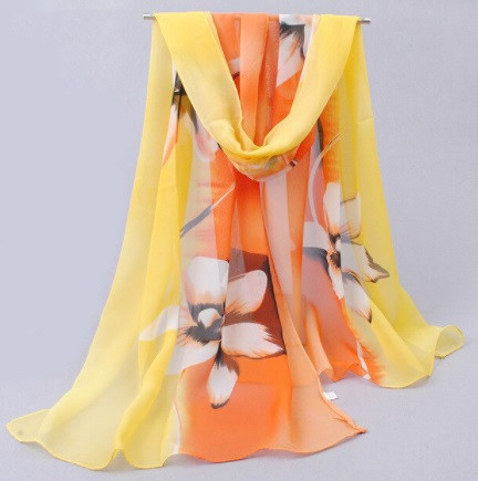 Женский шарфик с цветами, желтый + оранжевый - размер шарфика приблизительно 150*48см, шифон Киев - изображение 1