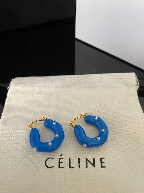 Брендові сережки Селін/Celine, позолота, сині/блакитні/Селен сережки маленьке кільце емаль блакитного кольору Одеса - фото 2