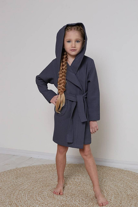 Халат дитячий вафельний Ideal Textile з капюшоном темно-сірий (56860665) 3 р. (98-102 см) Чернівці - фото 1
