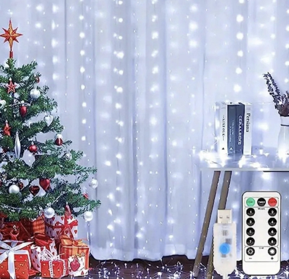 Світлодіодна гірлянда штора роса 3х3 м 300 led з USB і пультом керування (Холодний білий) Смела - изображение 1