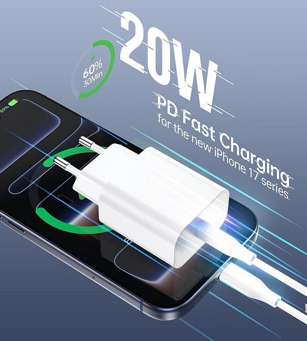 Адаптер USB-C 20W Білий для iPhone 17/16/15/14/13 iPad AirPods Samsung S25/S24/S23 Швидка PD QC3.0 мережевий зарядний адаптер на 2 Київ - фото 7