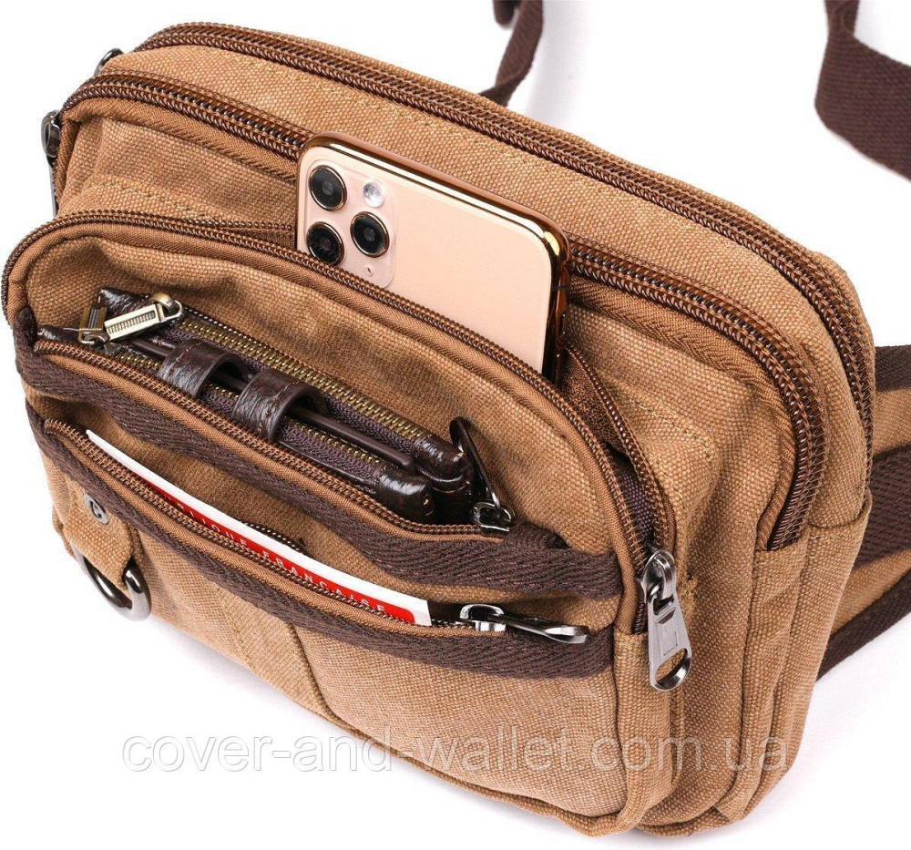 Мужская сумка-бананка на молнии из текстиля коричнего цвета Puos 20160 Киев - изображение 1