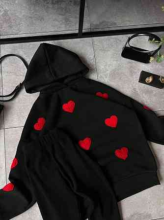 Женский теплый прогулочный костюм двойка с сердечками трехнить на флисе + ангора рубчик Черный, 50/52 Одесса