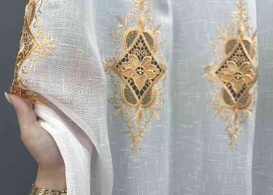 Тюль VR-Textil 1803т Лен с кружевом Белый с золотистым 300х270 см (40-108) Киев