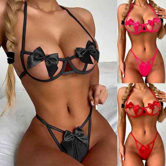 Відвертий комплект з бантиками - Чорний - S/M - Еротична білизна Вінниця