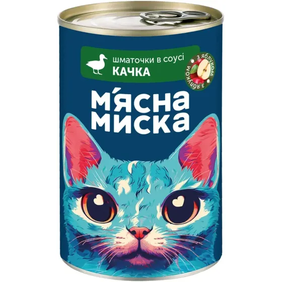 Влажный корм в банке для взрослых кошек Мясная миска кусочки в соусе с уткой, 415 г Винница