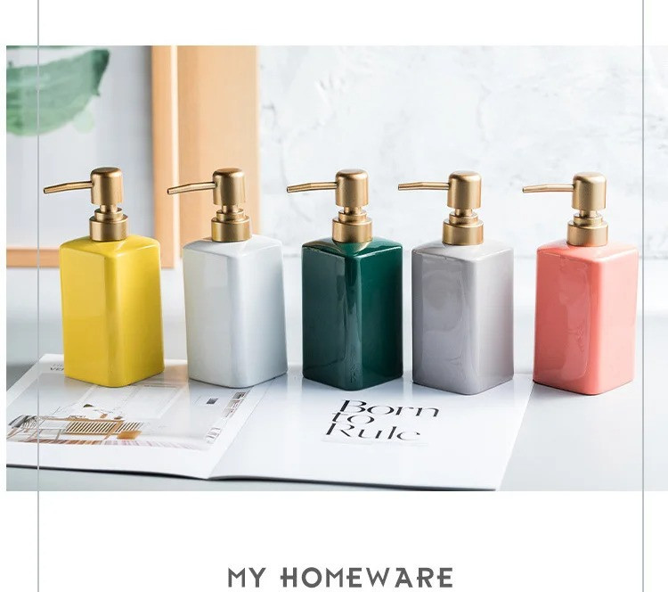 Стильный диспенсер для мыла из керамики на 320 мл, бутылка с дозптором для жидкого мыла или шампуня, Желтый Каменец-Подольский - изображение 3