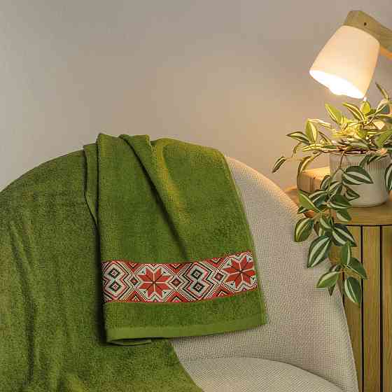 Банное махровое полотенце с вышивкой GM Textile 50х90см Ukrainian style 450г/м2 (Зеленый) Сумы